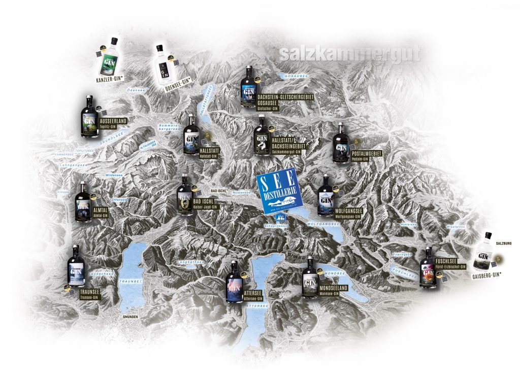 Salzkammergut-Premium-GIN-Karte Salzkammergut-Übersichtskarte mit GINs aus der SEE-DESTILLERIE®