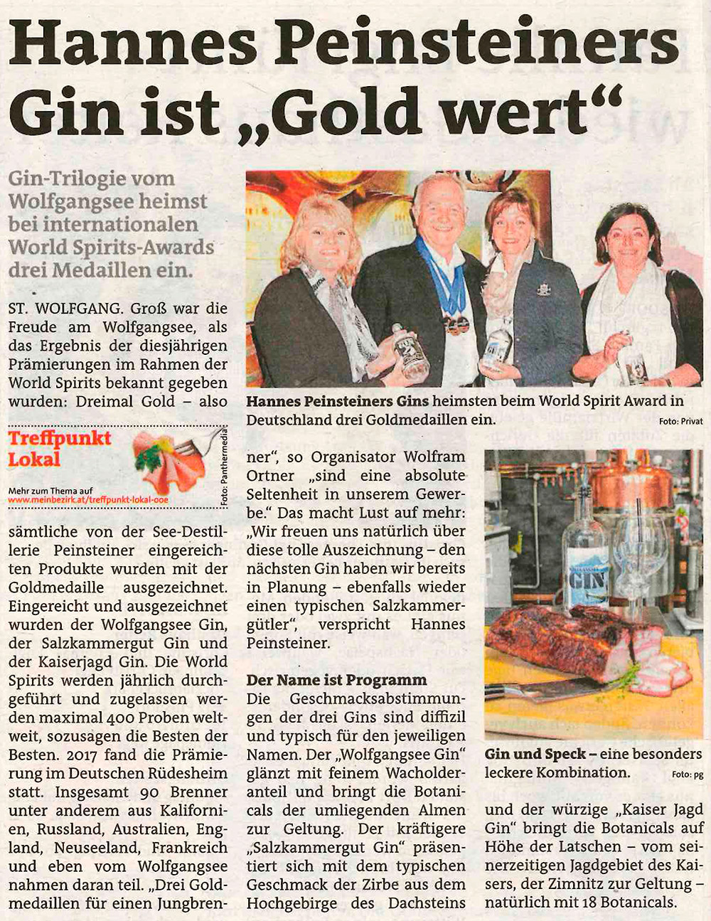 ARTIKEL IN DER BEZIRKSRUNDSCHAU SALZKAMMERGUT - Hannes Peinsteiners Gin ist "Gold wert"